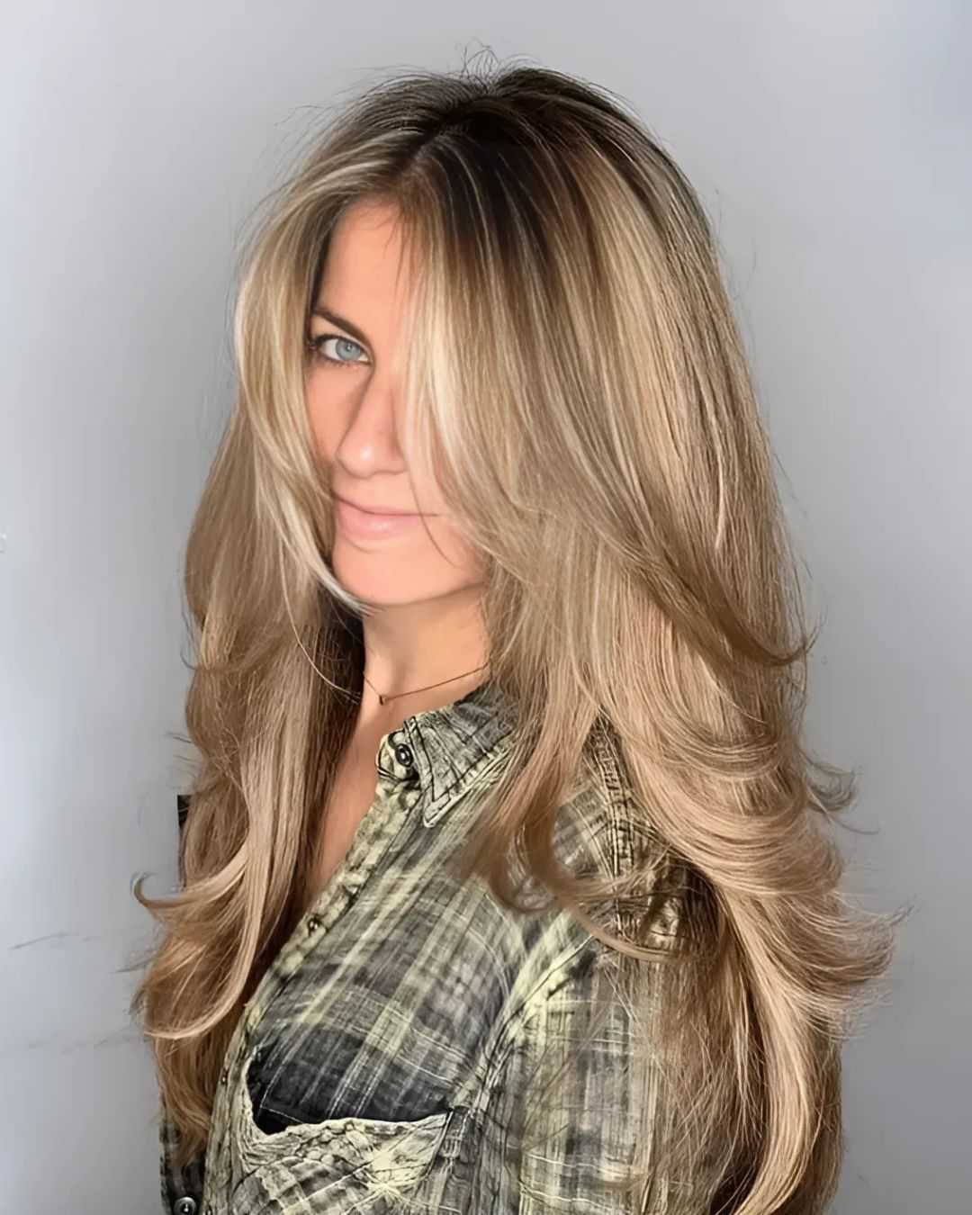 Woman with long, wavy blonde hair, wearing a plaid shirt, smiling softly at the camera.